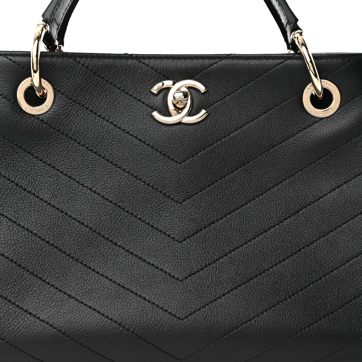 Calfskin Stitched Large Chevron Chic Shopping Bag Black
