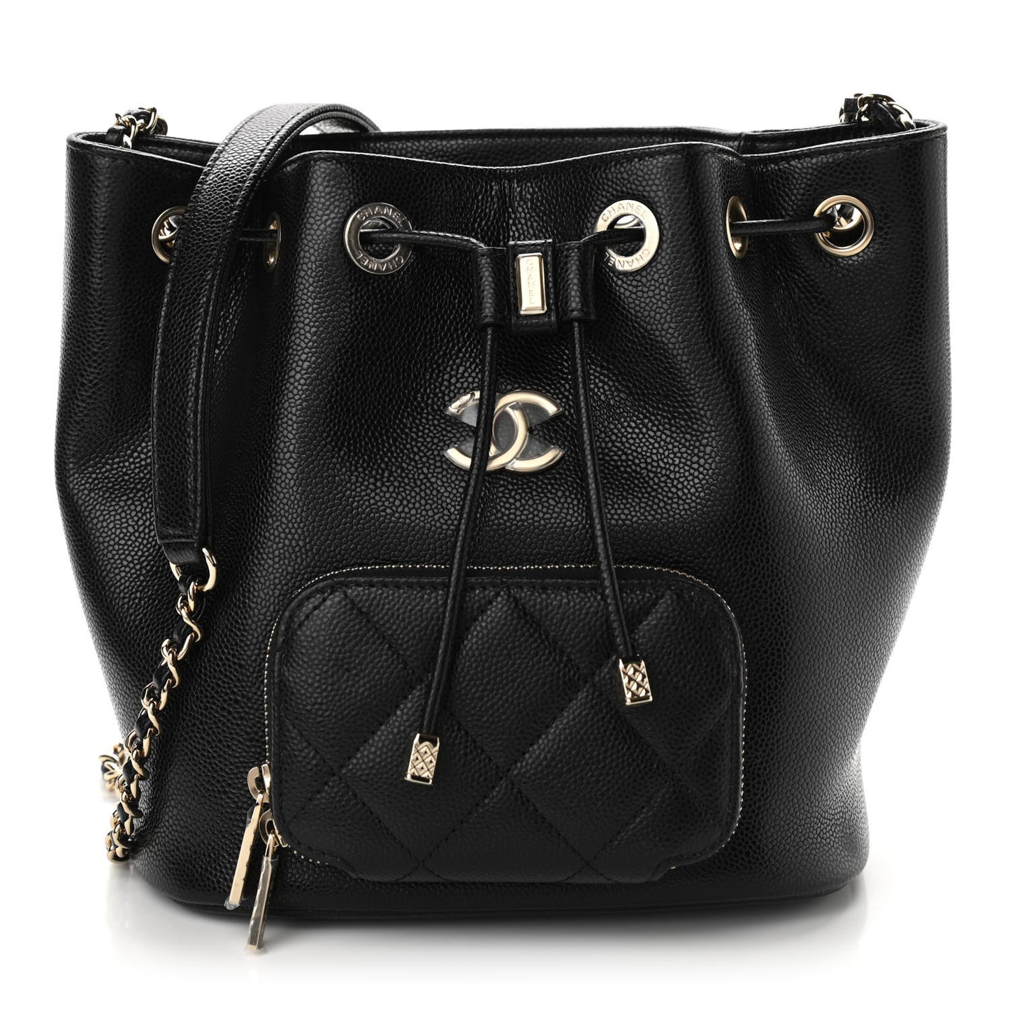 Caviar Quilted CC Pocket Bucket Bag Black