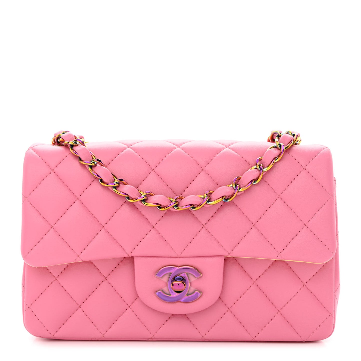 Lambskin Quilted Mini Rectangular Flap Pink Yellow