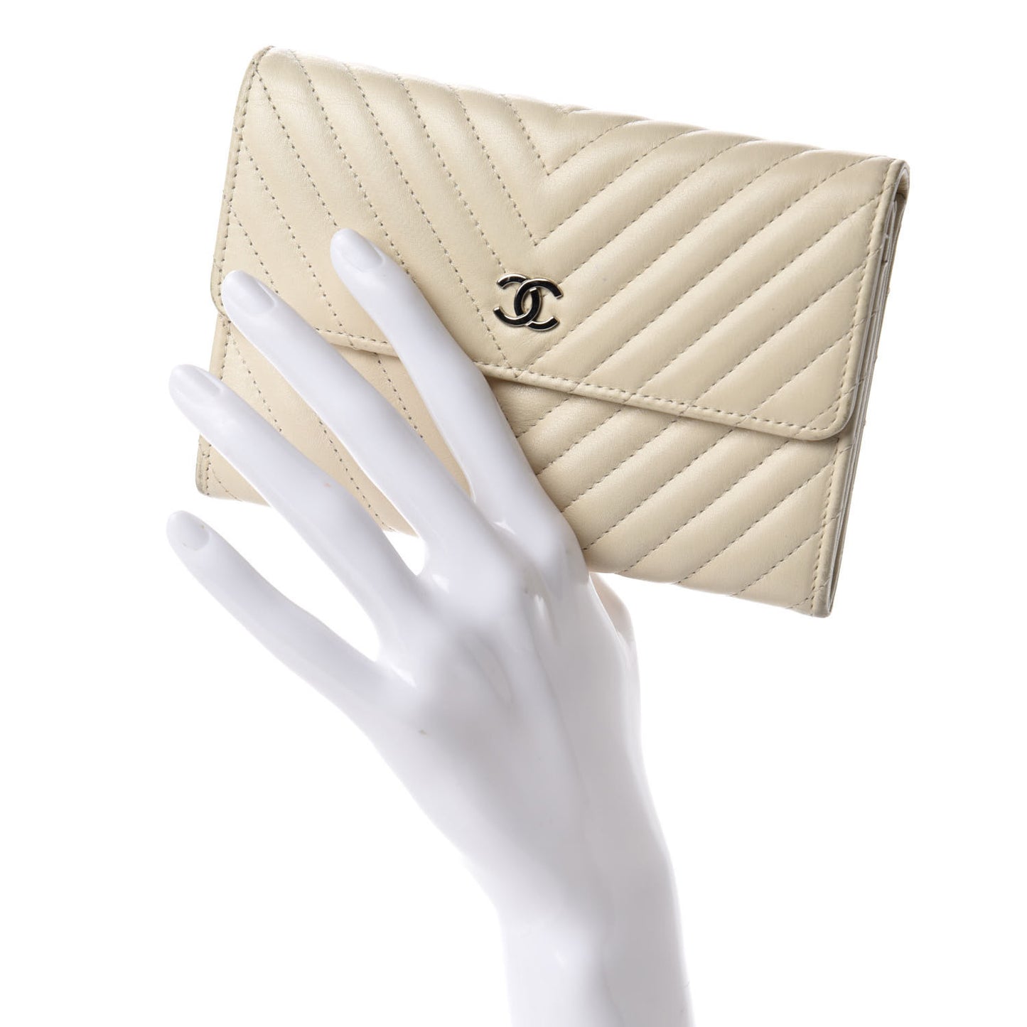 Calfskin Chevron Quilted Flap Wallet Light Beige