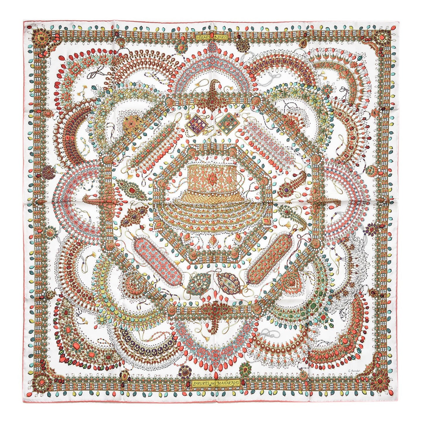 Silk Parures Des Maharajas Scarf 90 Blanc Corail Vert