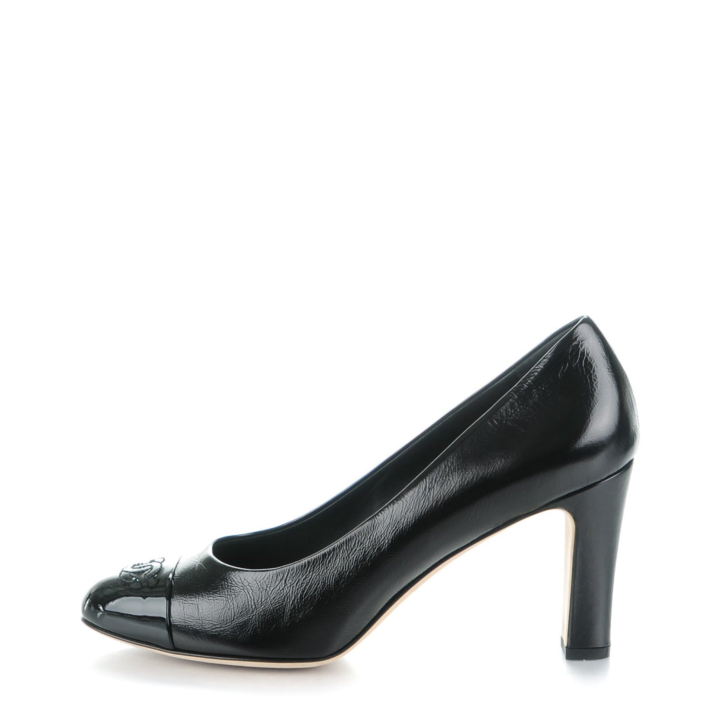 Crumpled Calfskin Patent Cap Toe CC Pumps 40 Black