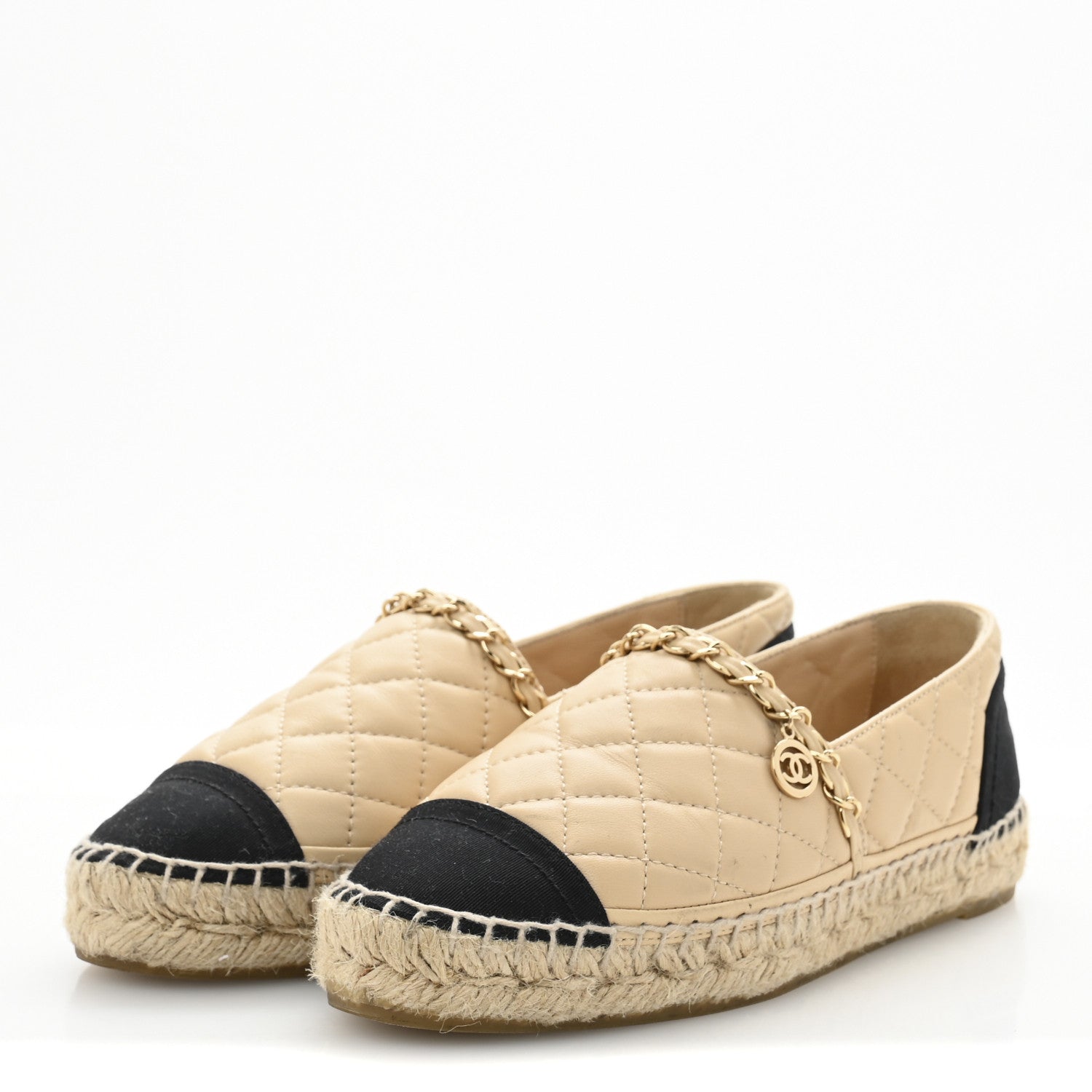 Chanel Lambskin Grosgrain Quilted CC Chain Espadrilles 35 Beige Black 4 of 11