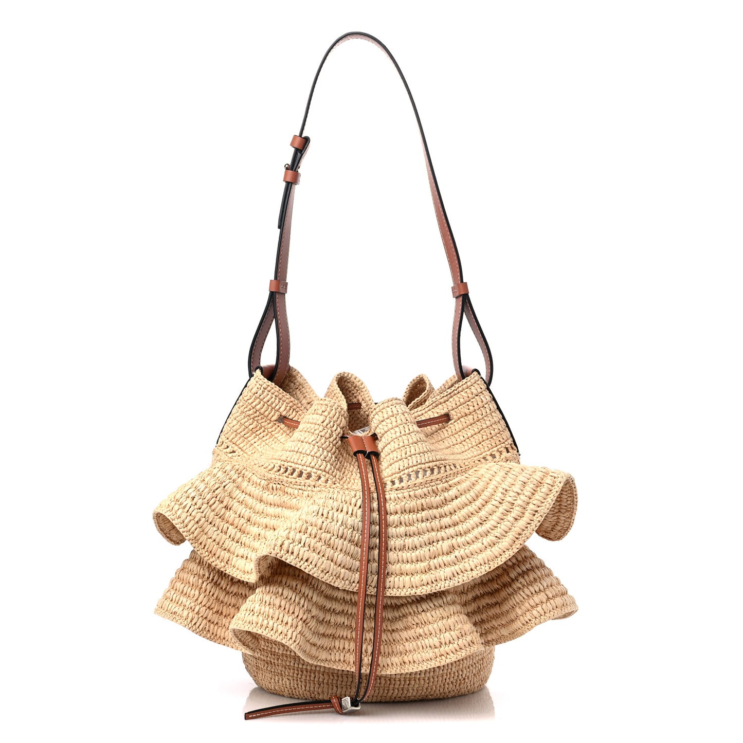 Raffia Calfskin Balloon Ruffles Bucket Bag Natural Tan