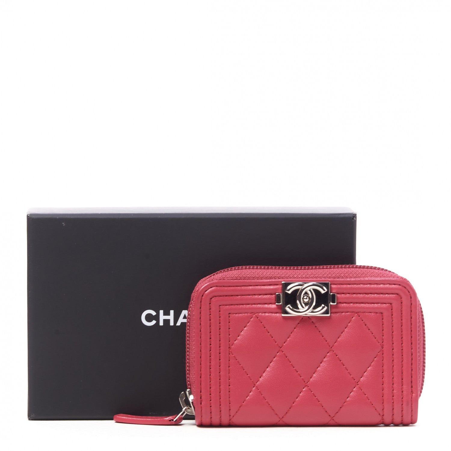 Chanel Lambskin Quilted Boy Zip Around Coin Purse Wallet Fuchsia 10 of 10