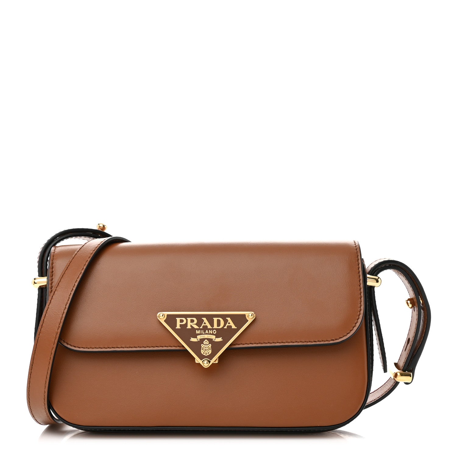 Prada Soft Calfskin Metal Triangle Logo Flap Shoulder Bag Cognac 2 of 13