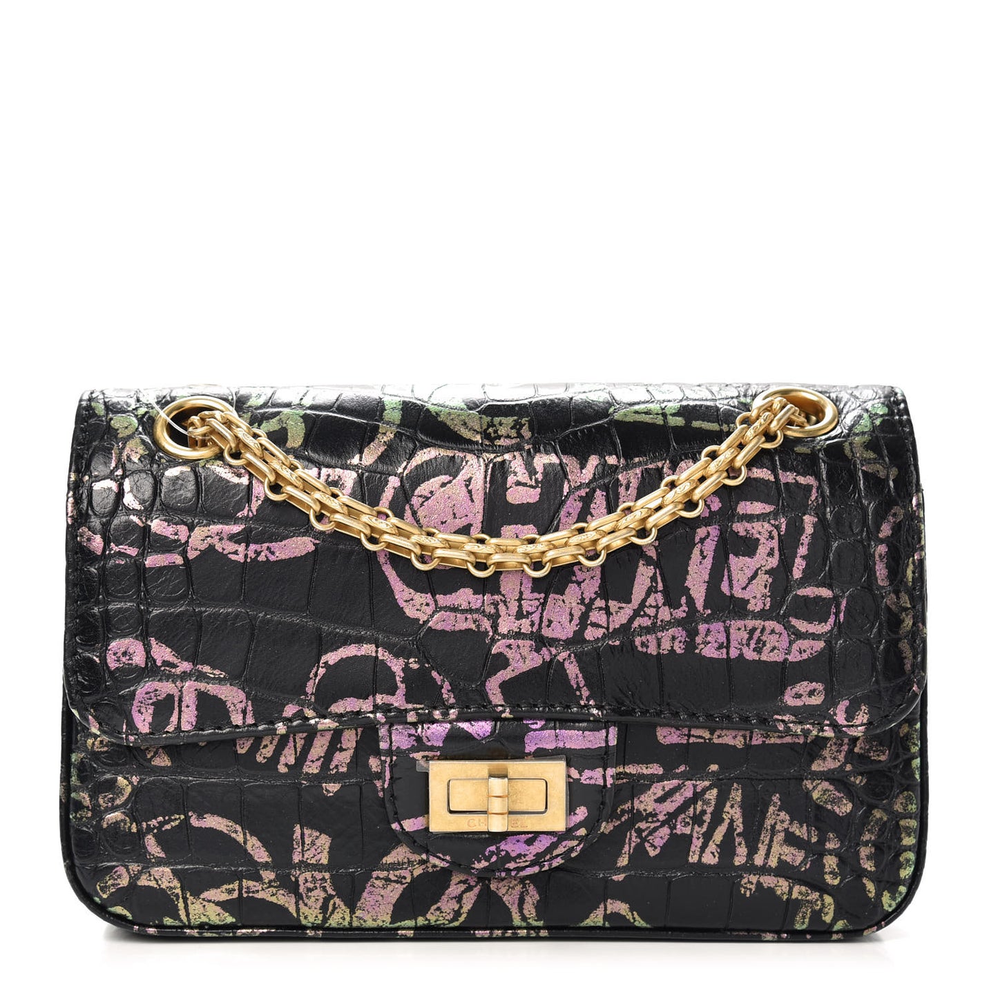 Calfskin Crocodile Embossed Graffiti 2.55 Mini Cocodile Reissue Flap Black Pink