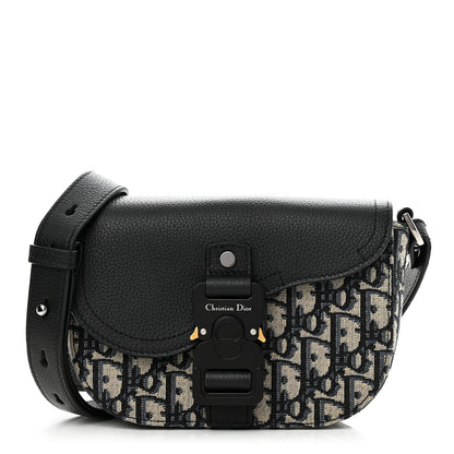 Christian Dior Oblique Jacquard Grained Calfskin Saddle Pouch With Strap Beige Black 1 of 11