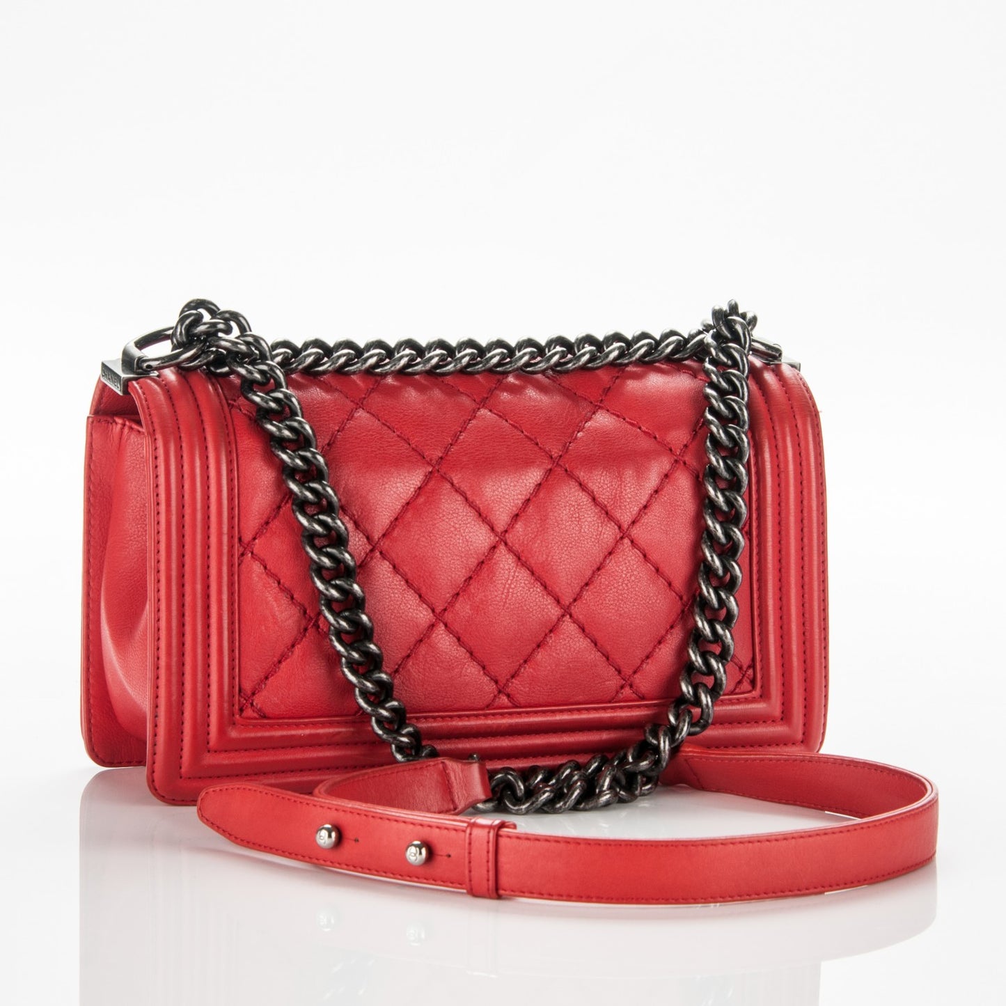 Calfskin Quilted Double Stitch Medium Boy Flap Red