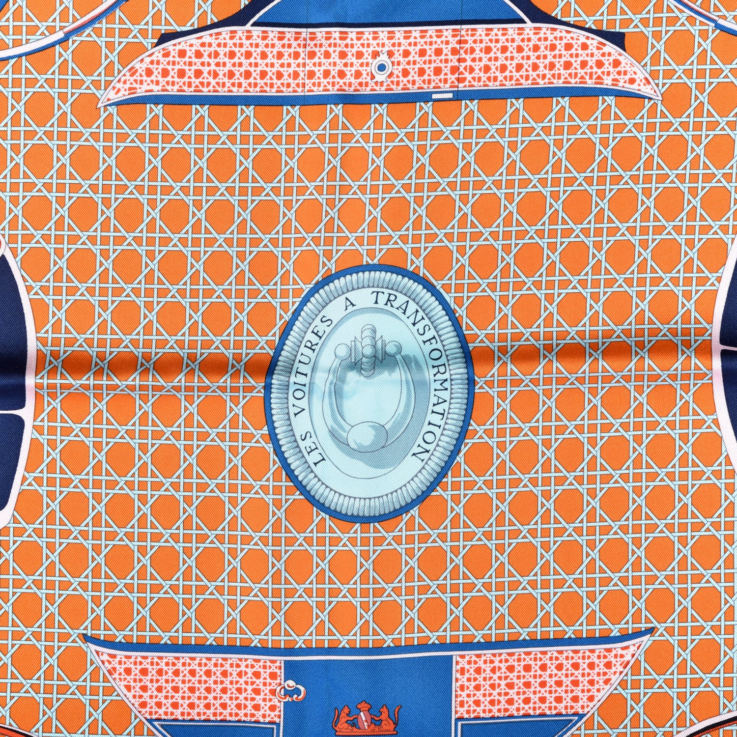 Hermes Silk Les Voitures A Transformation Scarf 90 Orange White Bleu 2 of 6