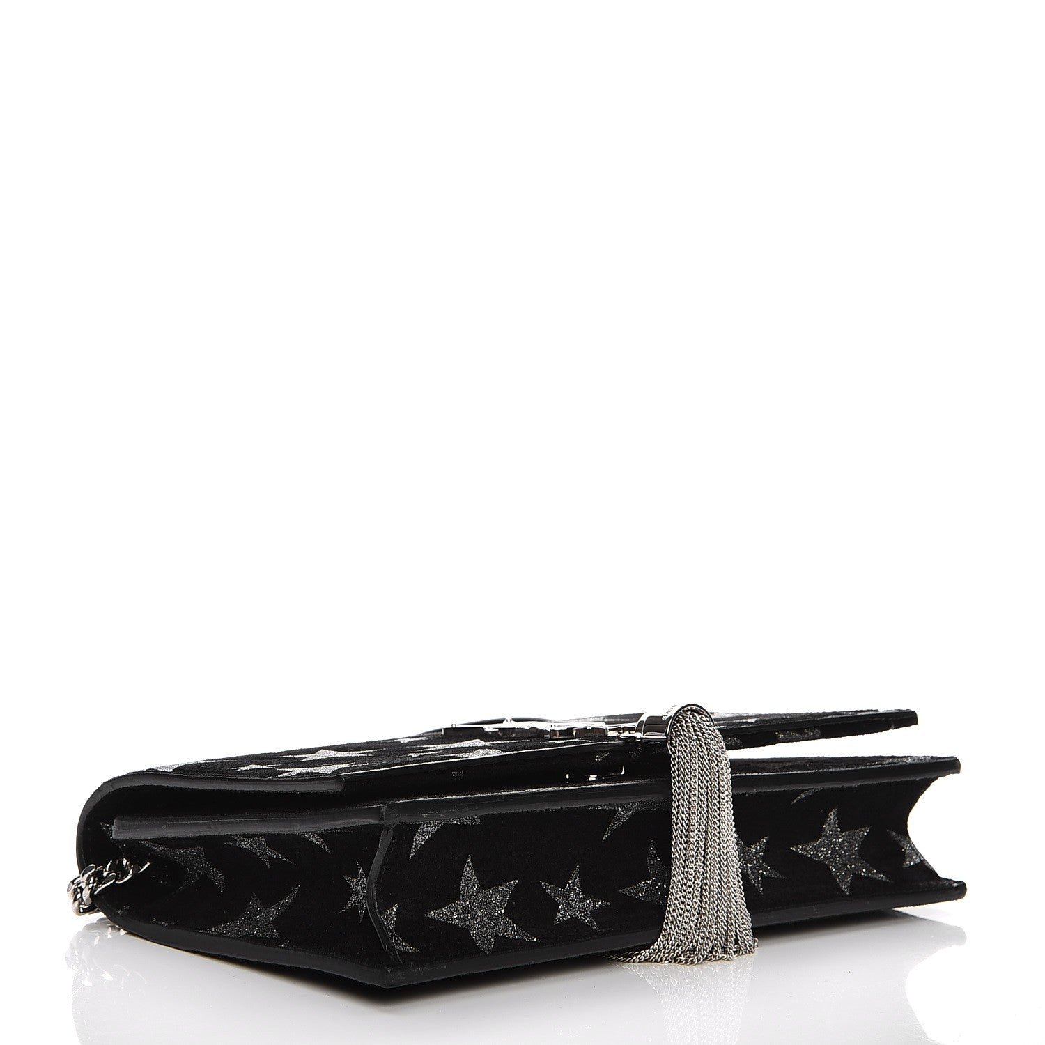 Saint Laurent Suede Star Print Monogram Chain Wallet Black Silver 4 of 7