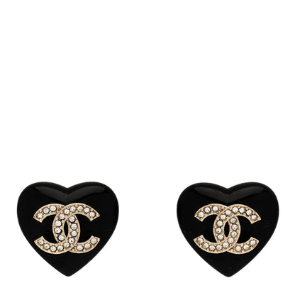 Chanel Resin Crystal CC Heart Earrings Black Gold 1 of 4