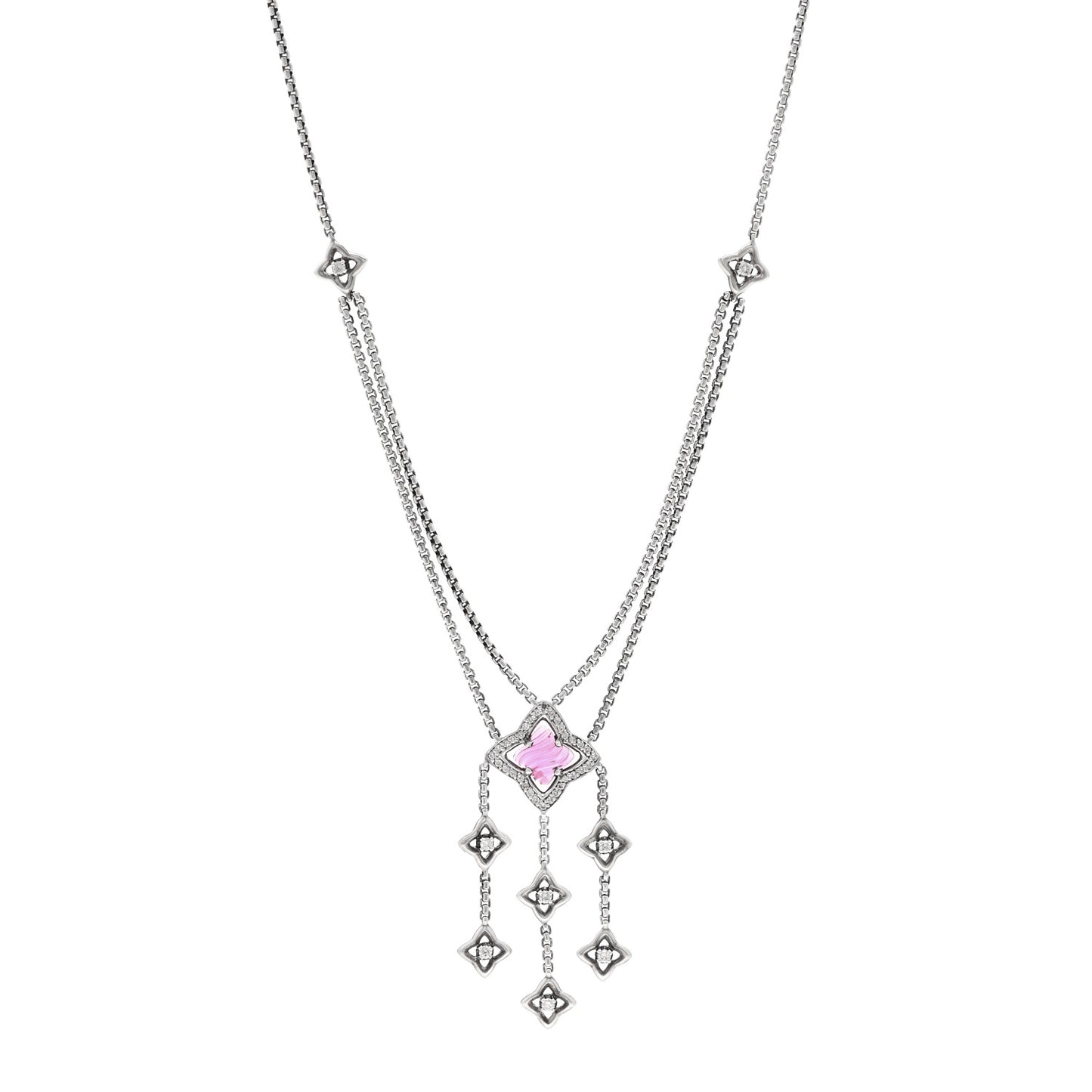 Sterling Silver Diamond Pink Tourmaline Quatrefoil Double Chain Drop Pendant Necklace