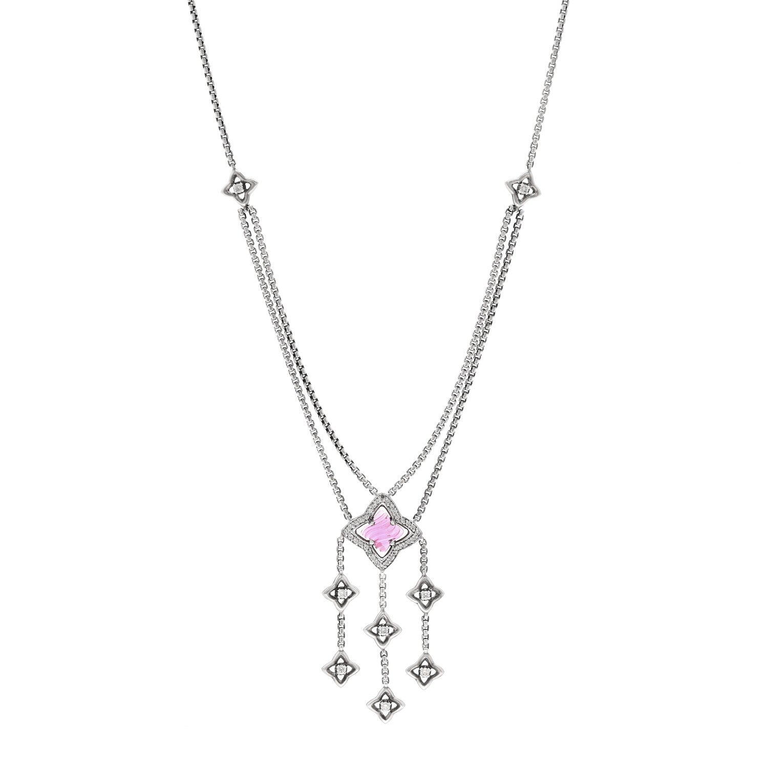 David Yurman Sterling Silver Diamond Pink Tourmaline Quatrefoil Double Chain Drop Pendant Necklace 1 of 5