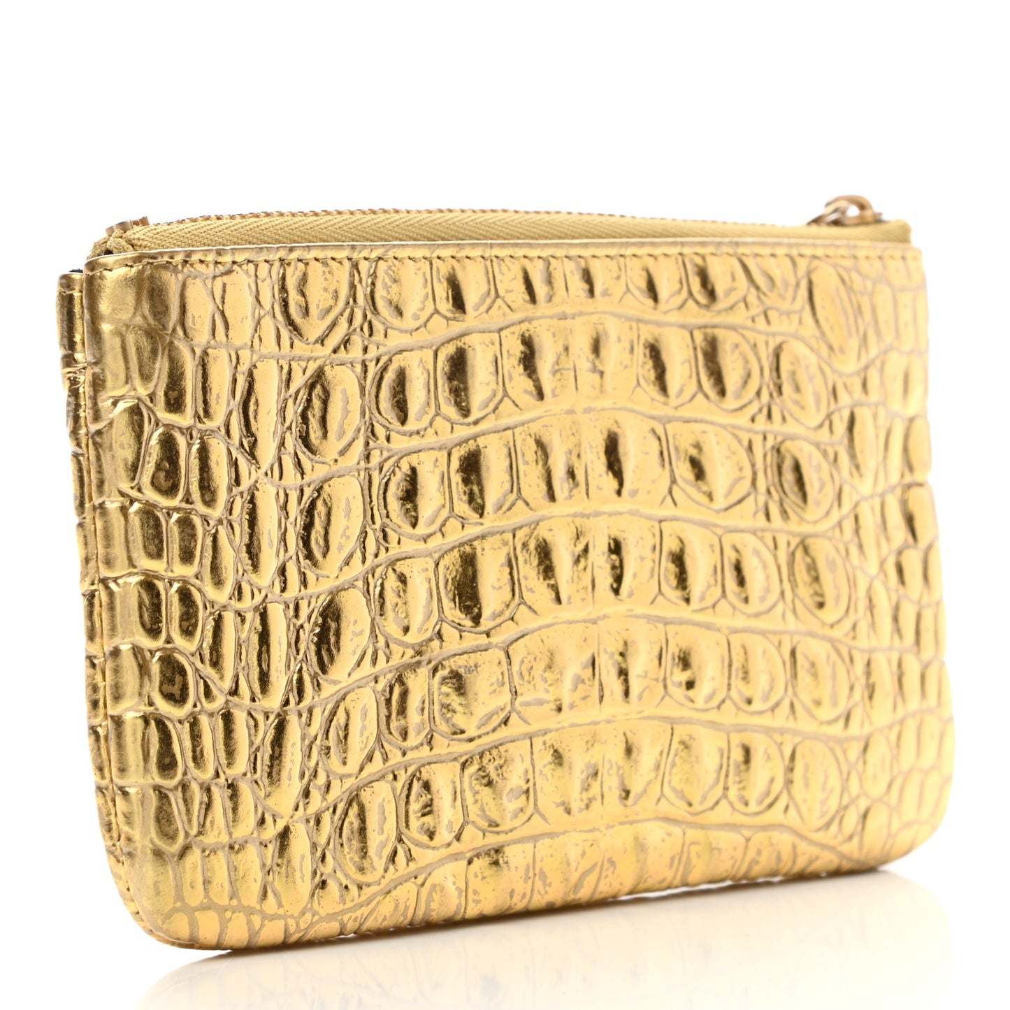 Metallic Calfskin Crocodile Embossed Cocodile Small Cosmetic Case Gold