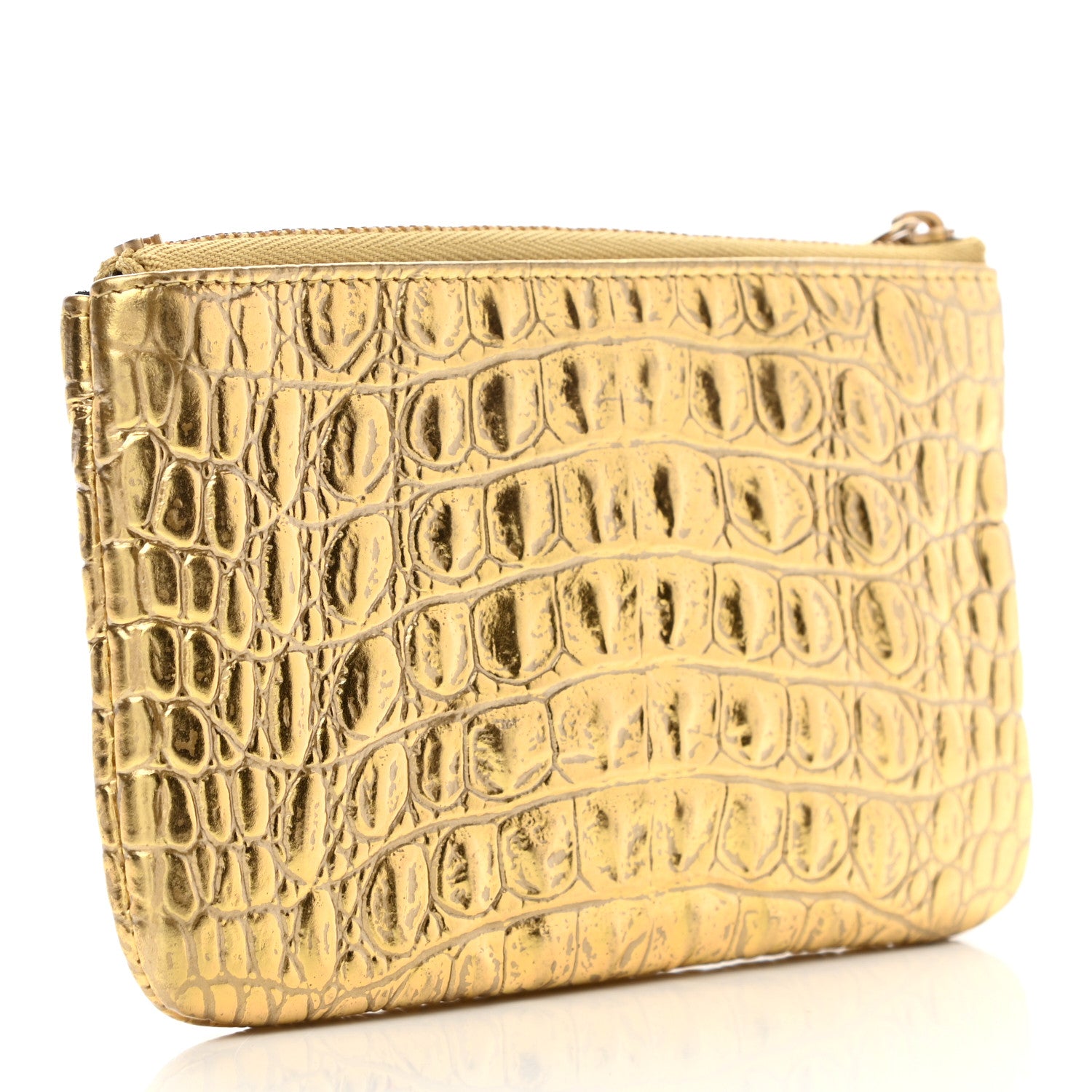 Chanel Metallic Calfskin Crocodile Embossed Cocodile Small Cosmetic Case Gold 3 of 7
