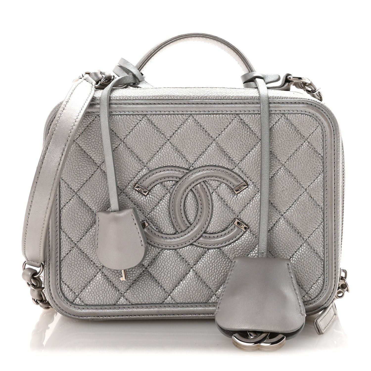 Chanel Metallic Caviar Quilted Medium CC Filigree Vanity Case Silver 1 of 10