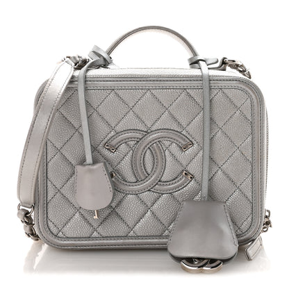 Chanel Metallic Caviar Quilted Medium CC Filigree Vanity Case Silver 1 of 10