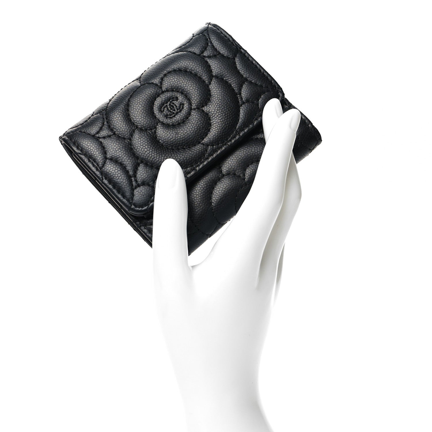 Chanel Caviar Camellia Embossed Compact Wallet Black 2 of 10