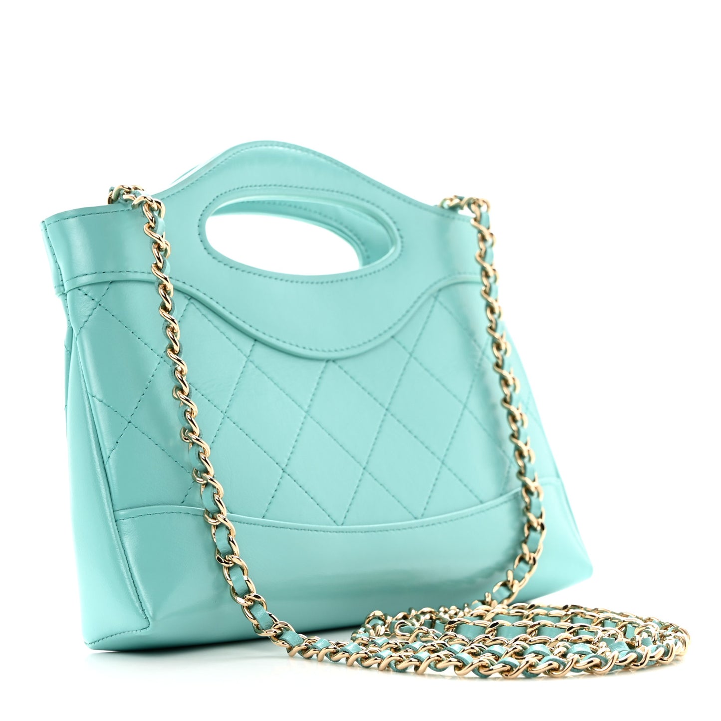 Shiny Crumpled Calfskin Quilted Nano 31 Shopping Bag Turquoise