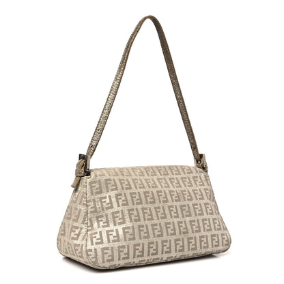 Fendi Metallic Jacquard Zucchino Suede Mini Mama Baguette  Cipria Argento Grigio 3 of 10