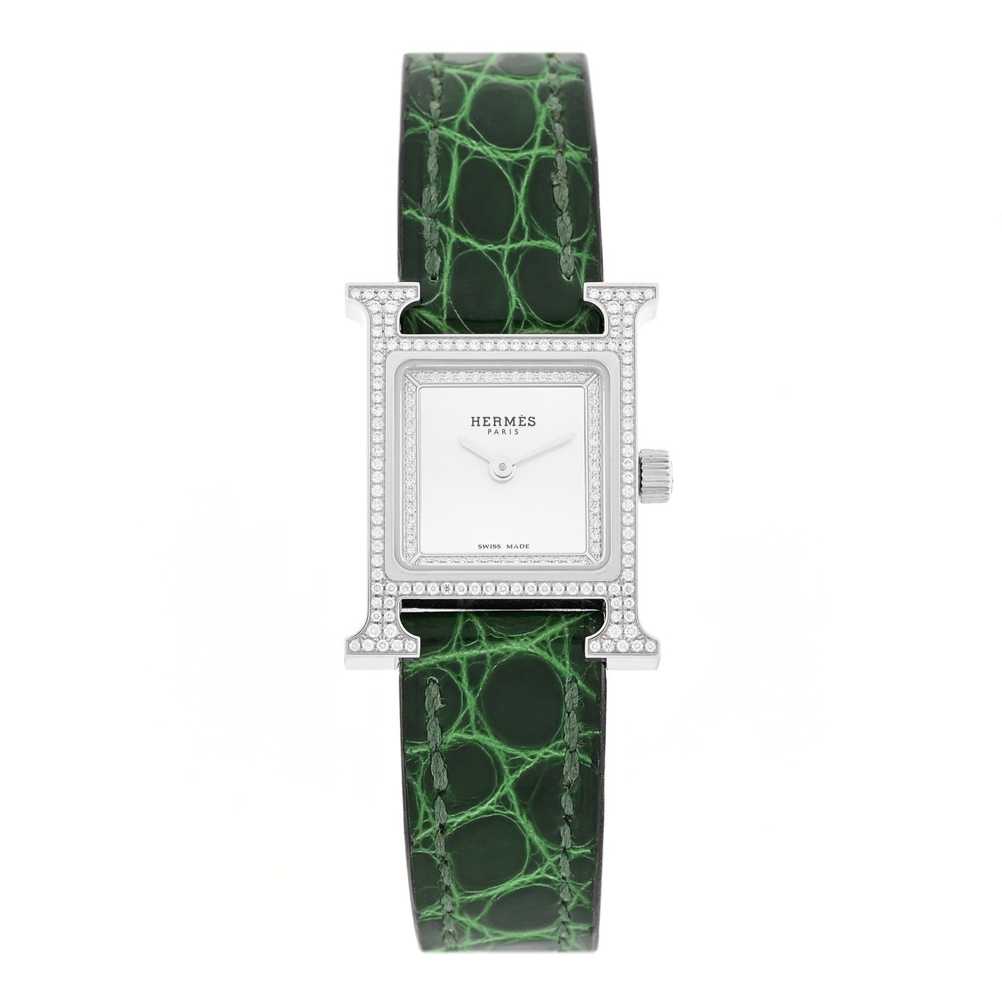 Stainless Steel Alligator Diamond Bezel Mother of Pearl 17.2mm Heure H Hour Quartz Watch Vert Moyen