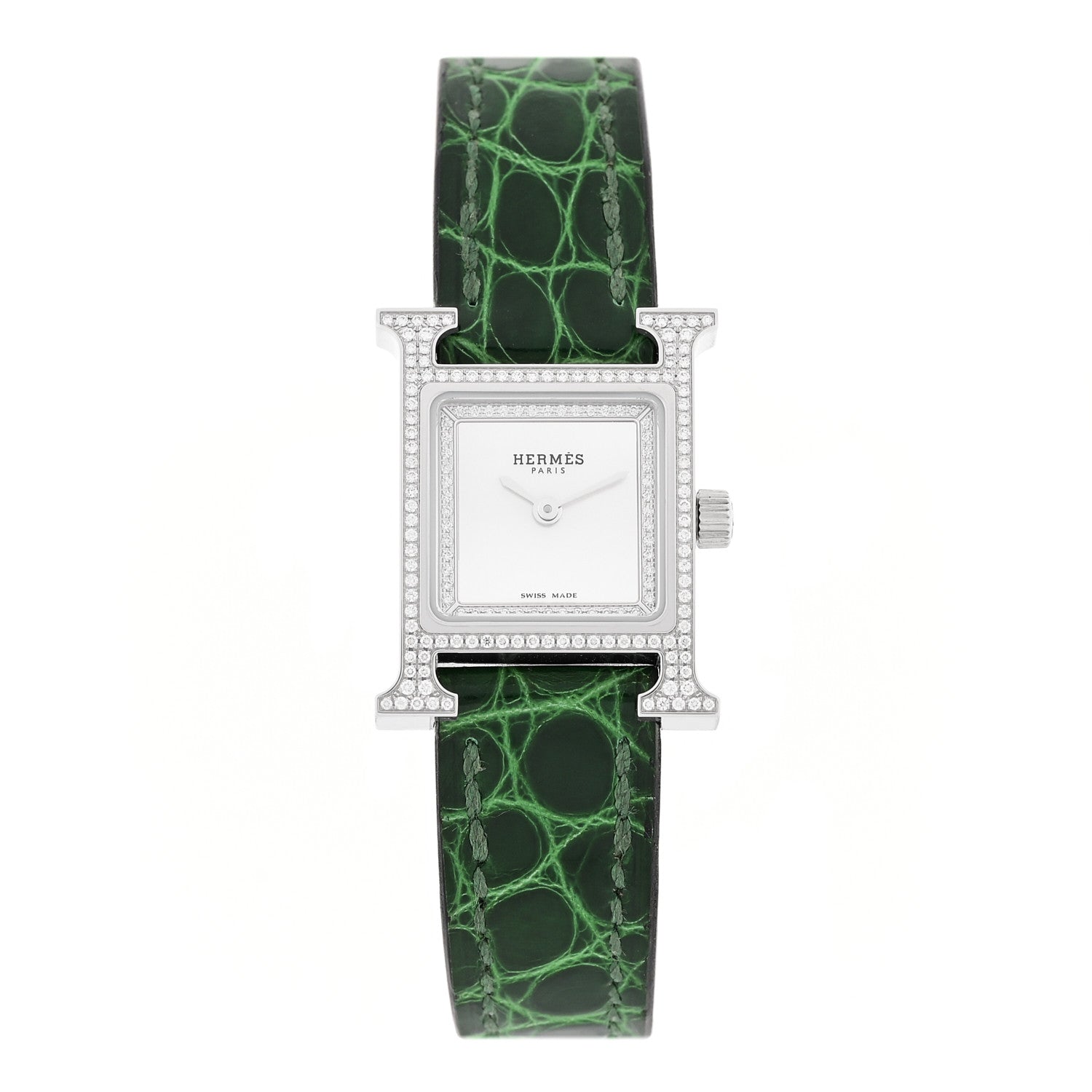 Hermes Stainless Steel Alligator Diamond Bezel Mother of Pearl 17.2mm Heure H Hour Quartz Watch Vert Moyen 1 of 5