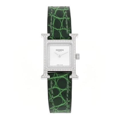 Hermes Stainless Steel Alligator Diamond Bezel Mother of Pearl 17.2mm Heure H Hour Quartz Watch Vert Moyen 1 of 5