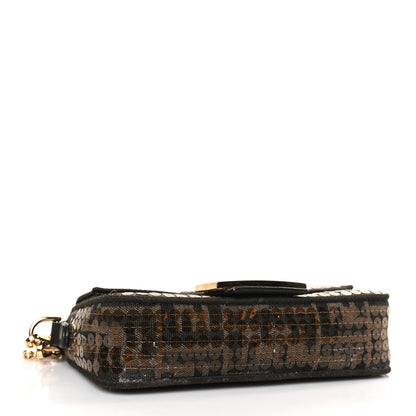 Fendi Fabric Jacquard Paillettes Vitello Seta FF 1974 Mini Baguette Testa di Moro Real Ebano 4 of 9