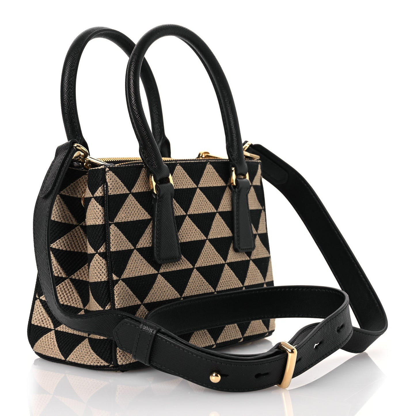 Jacquard Saffiano Triangolo Symbole Embroidered Mini Galleria Double Zip Tote Black Corda