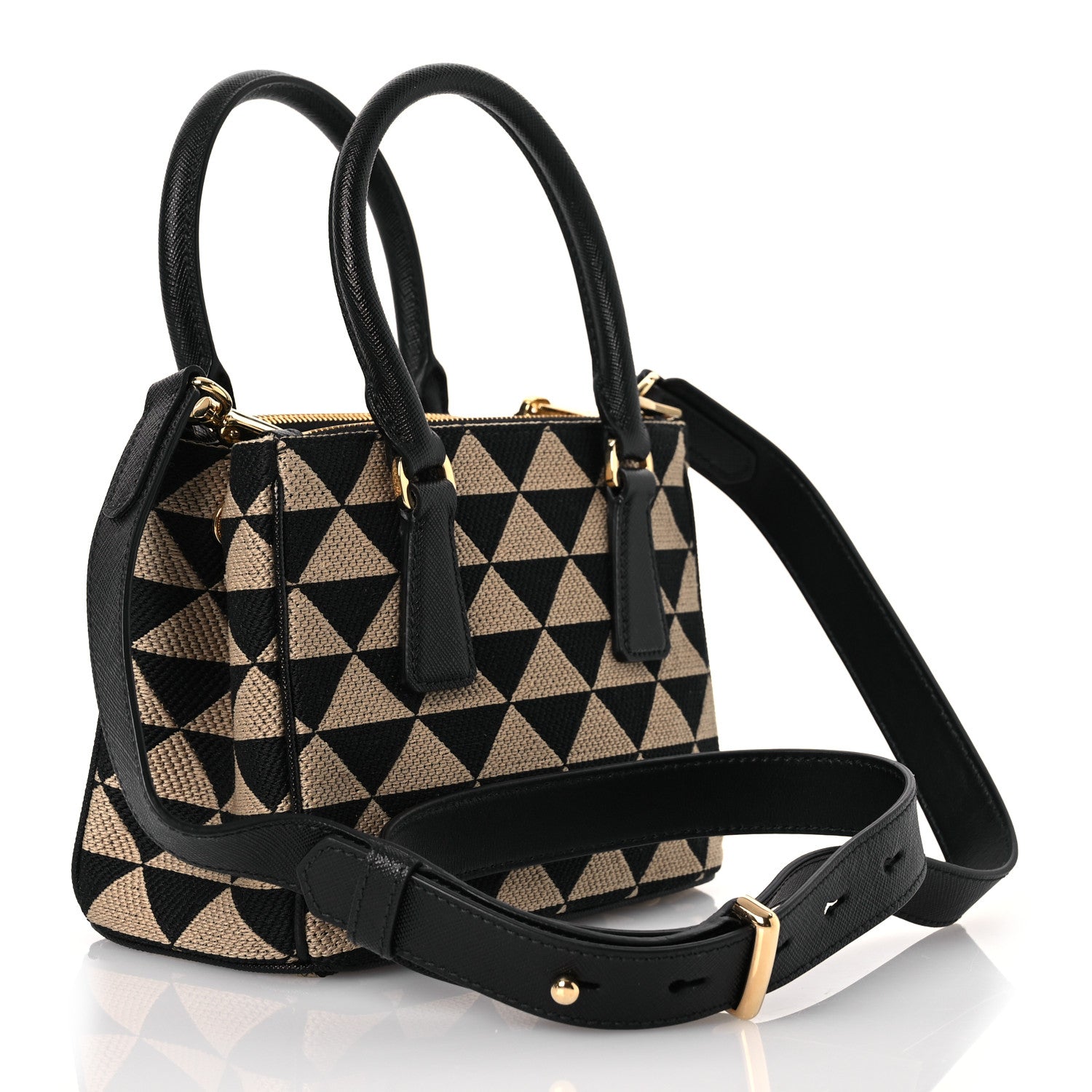Prada Jacquard Saffiano Triangolo Symbole Embroidered Mini Galleria Double Zip Tote Black Corda 3 of 14