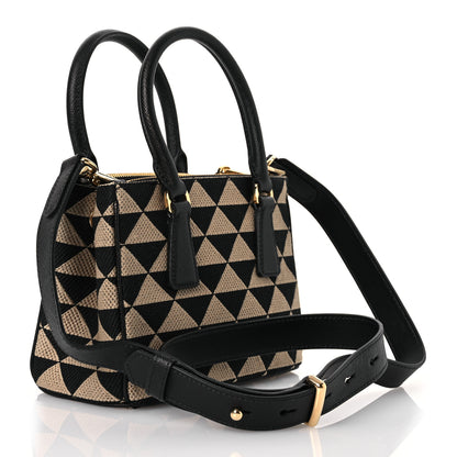 Prada Jacquard Saffiano Triangolo Symbole Embroidered Mini Galleria Double Zip Tote Black Corda 3 of 14