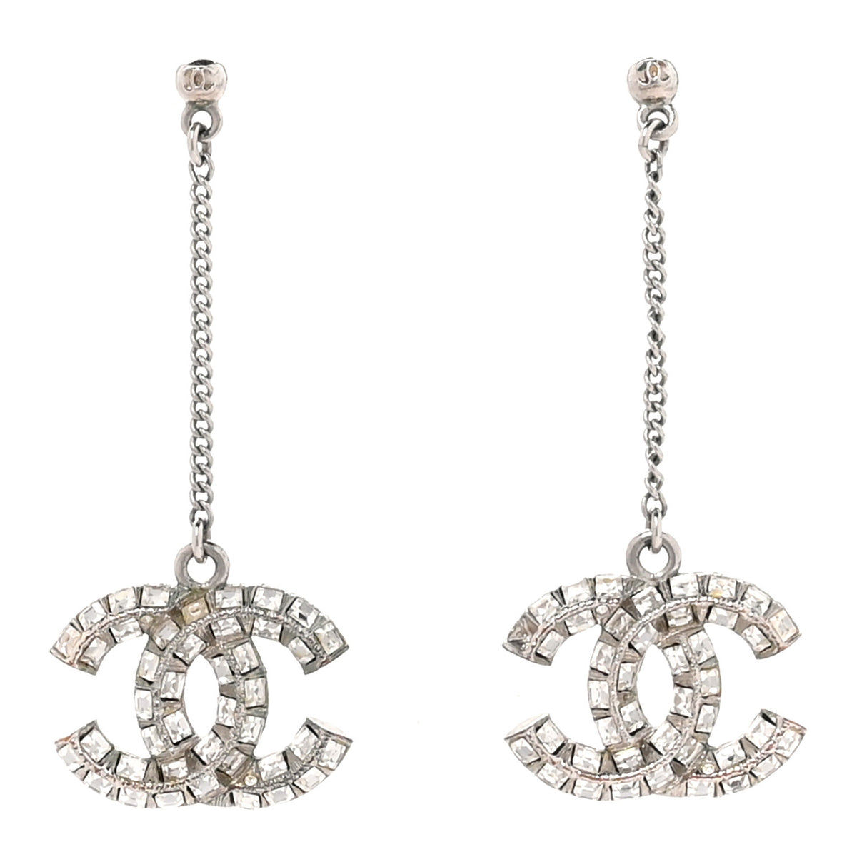 Baguette Crystal CC Drop Earrings Silver