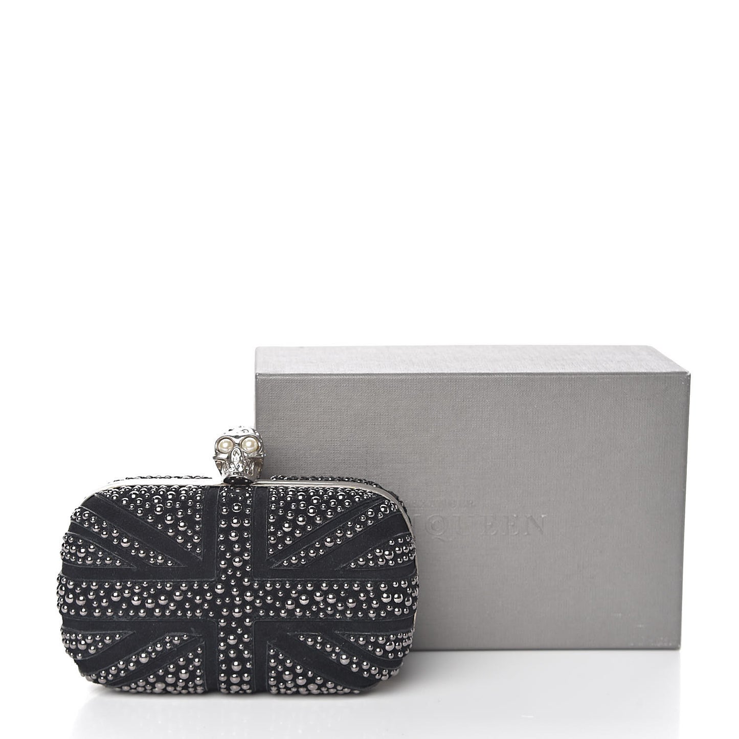 Suede Studded Britannia Skull Box Clutch Black