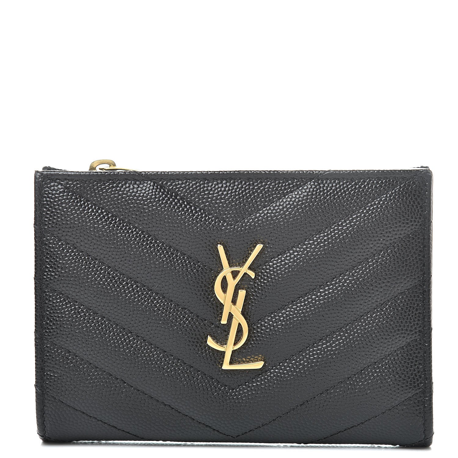 Saint Laurent Grain De Poudre Matelasse Chevron Monogram Zipped Two-Part Wallet Black 1 of 8