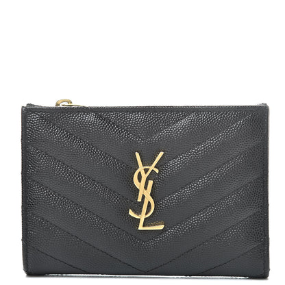Saint Laurent Grain De Poudre Matelasse Chevron Monogram Zipped Two-Part Wallet Black 1 of 8