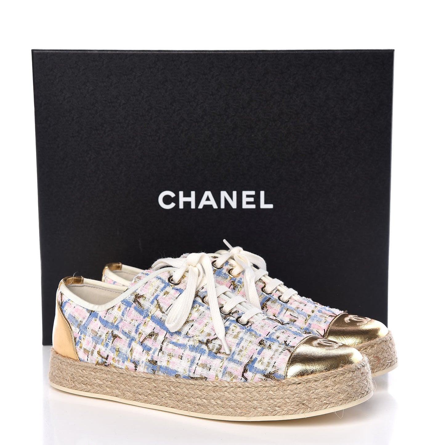 Tweed Laminated Lambskin Lace Up Espadrilles 37 Pink Blue Gold White