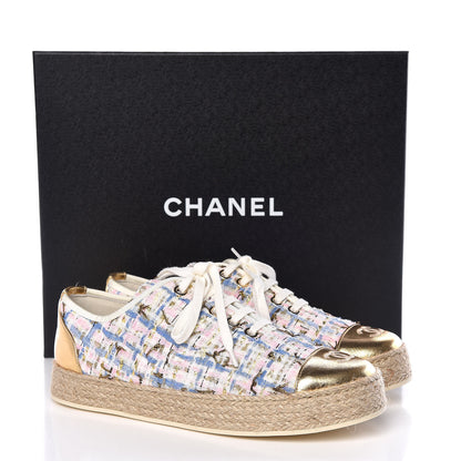 Chanel Tweed Laminated Lambskin Lace Up Espadrilles 37 Pink Blue Gold White 8 of 8