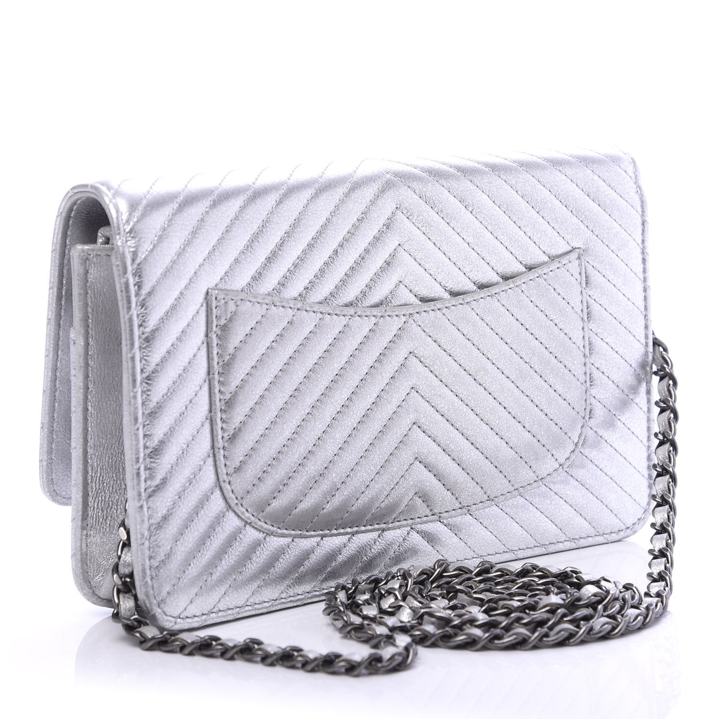 Metallic Lambskin Chevron Wallet On Chain WOC Silver