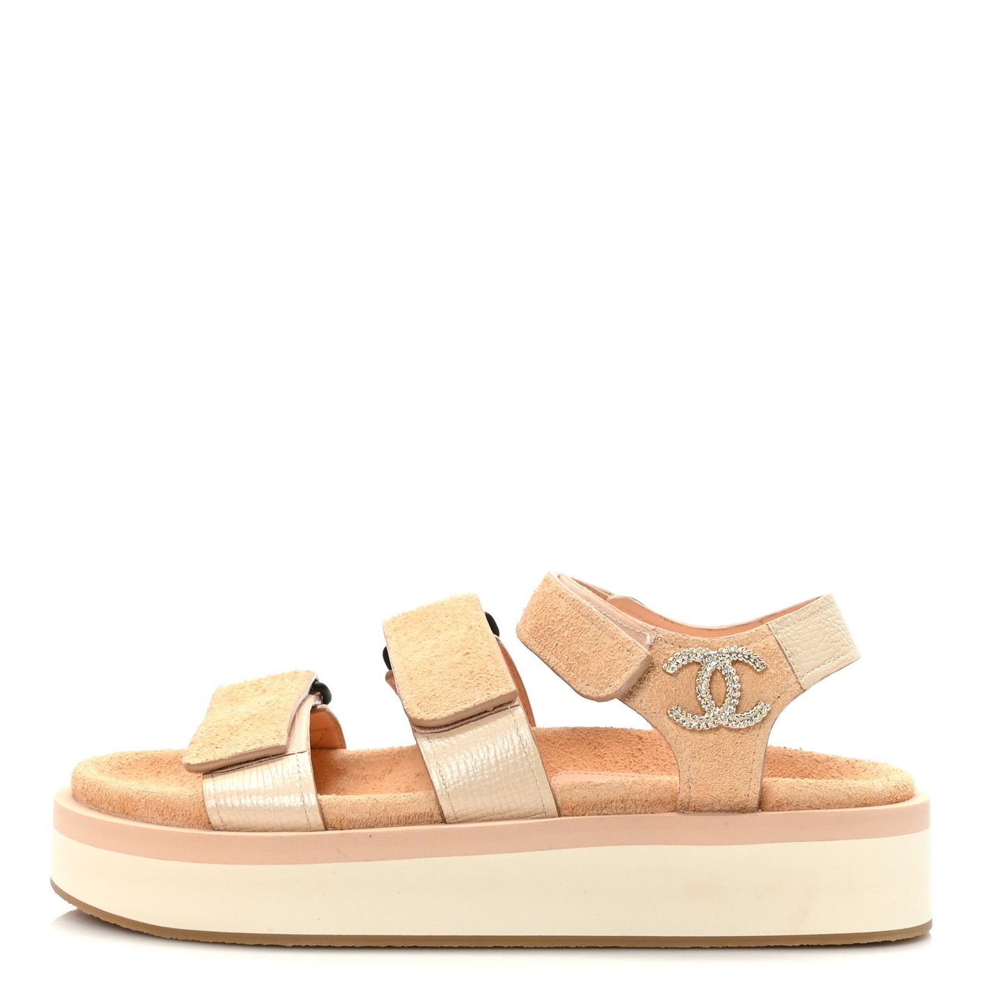 Suede Calfskin Velcro Flat Sandals 37 Beige