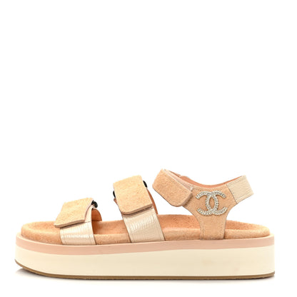 Chanel Suede Calfskin Velcro Flat Sandals 37 Beige 1 of 8
