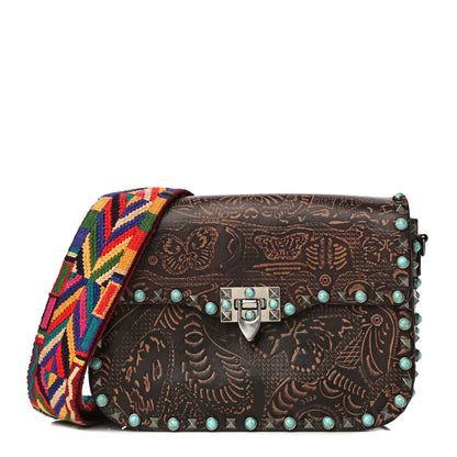 Valentino Garavani Calfskin Embossed Medium Guitar Strap Rockstud Rolling Flap Saddle Bag Brown 1 of 17