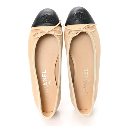 Chanel Lambskin Cap Toe CC Ballerina Flats 35.5 Beige Black 2 of 10