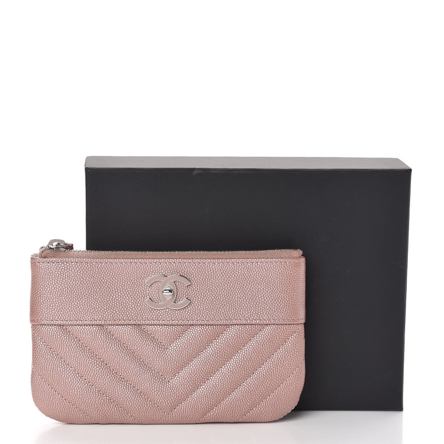 Metallic Caviar Chevron Quilted Small Vintage Mademoiselle Cosmetic Case Pink
