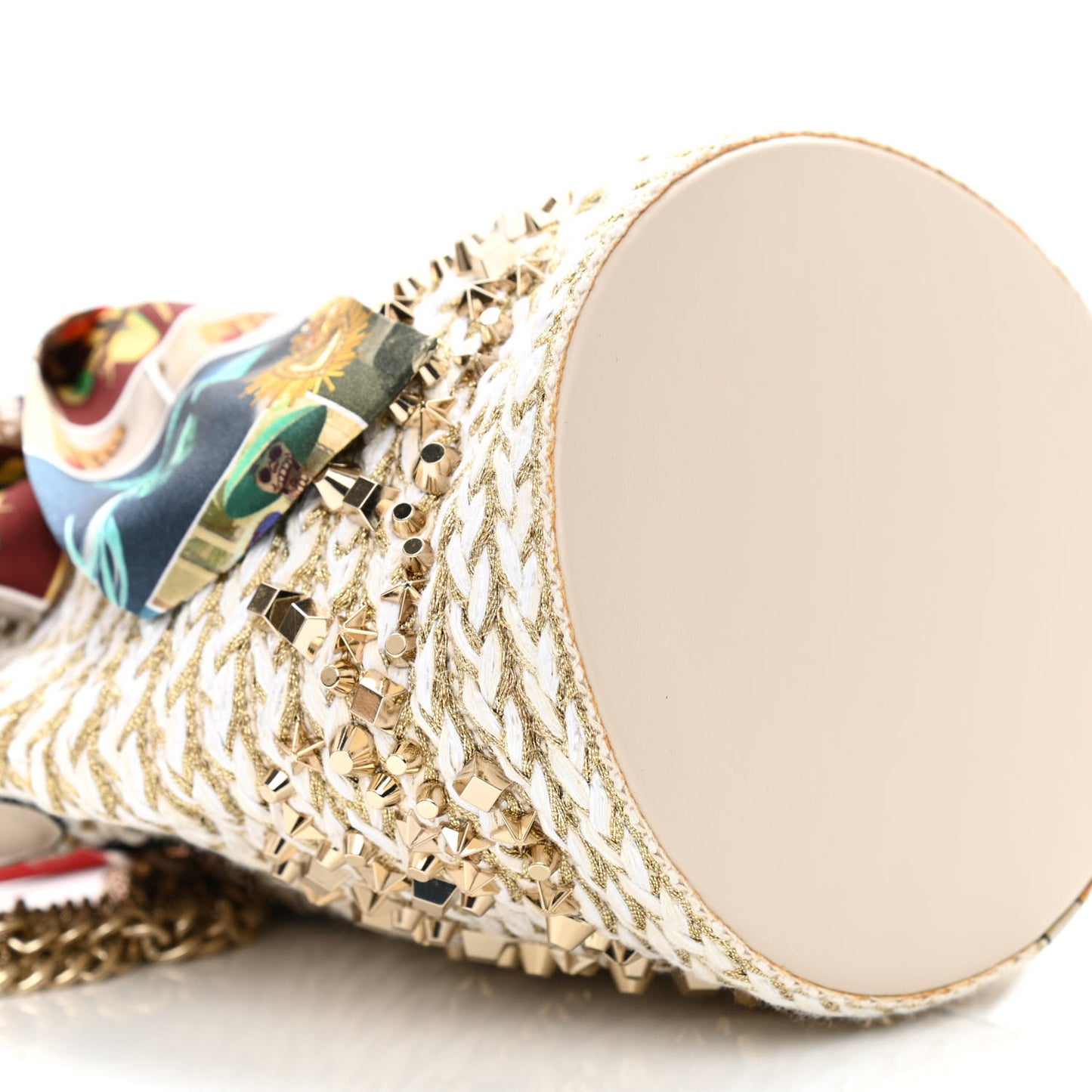 Woven Jute Crepe Satin Studded Marie Jane Bucket White Gold