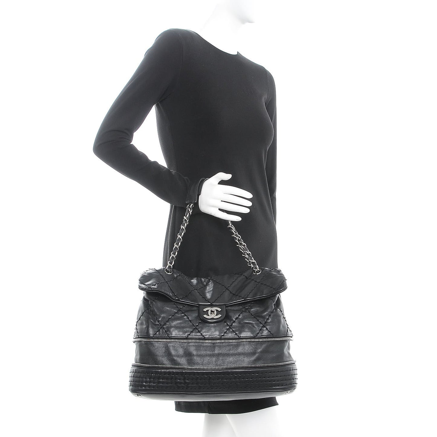 Calfskin Stitched Large Expandable Flap Bag Black