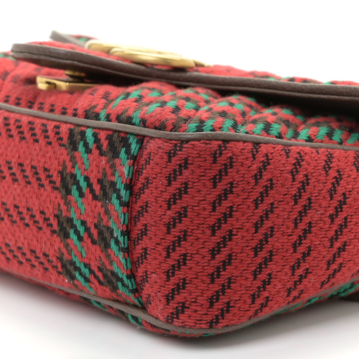 Gucci Wool Tweed Textured Dollar Calfskin Matelasse Diagonal Plaid Small GG Marmont Shoulder Bag Red Green Multicolor New Acero 5 of 8
