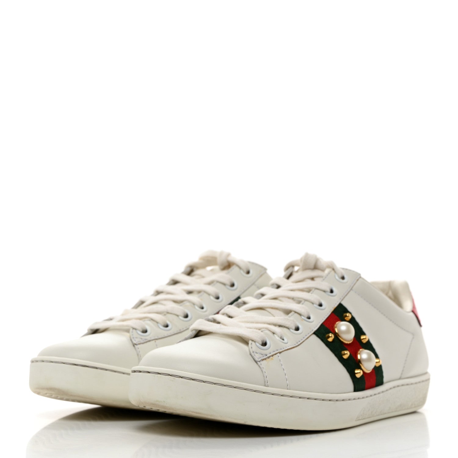 Gucci Calfskin Web Pearl Studded Womens Ace Sneakers 37.5 White 3 of 11