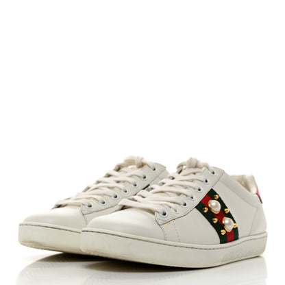 Gucci Calfskin Web Pearl Studded Womens Ace Sneakers 37.5 White 3 of 11