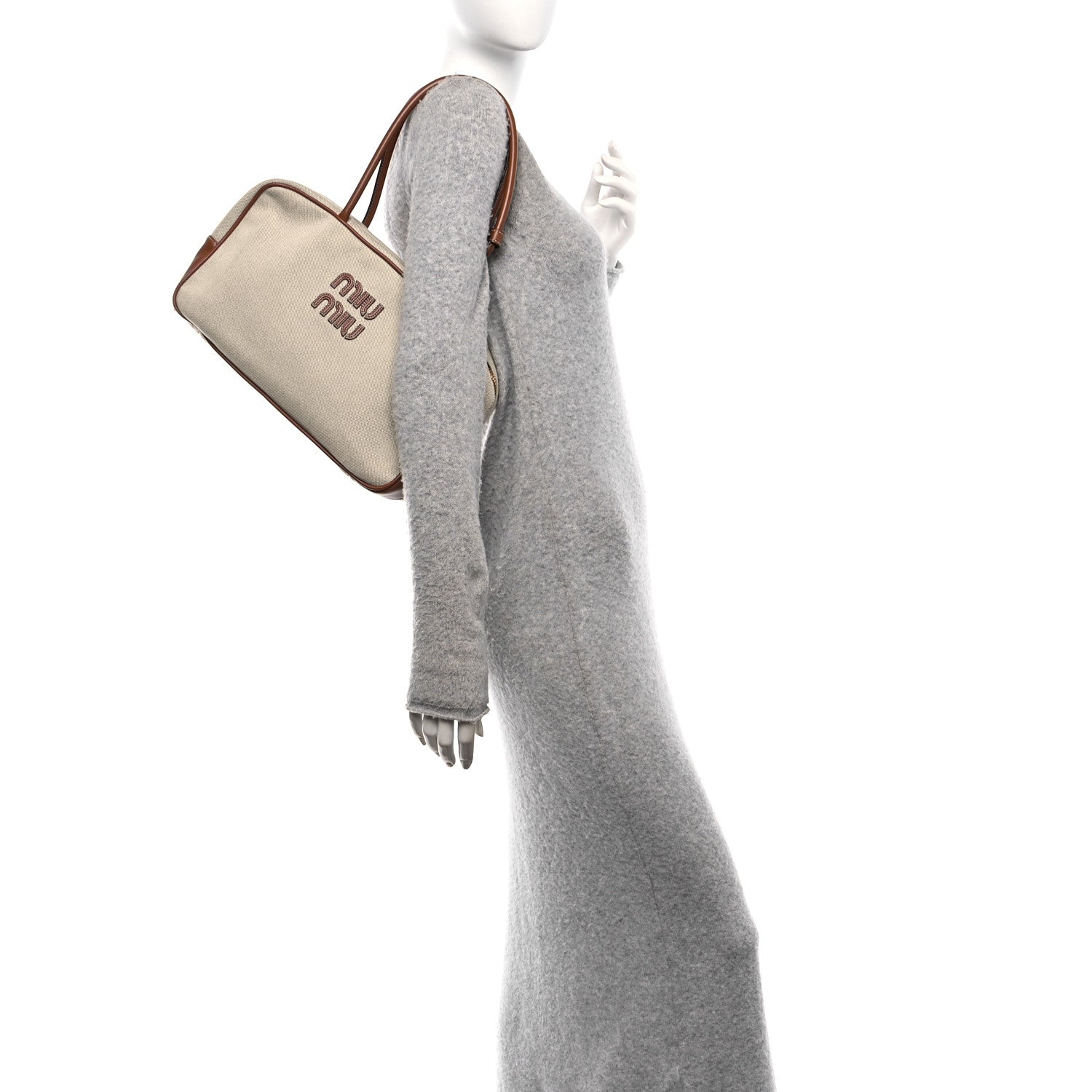 Miu Miu Canvas Calfskin Large Beau Top Handle Bag Naturale Brandy 2 of 9